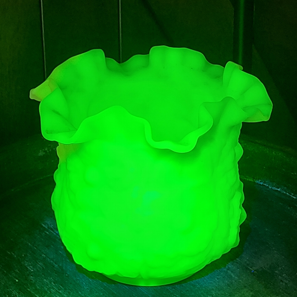 Fenton Lime Satin Custard Ruffled Poppy Vase Vaseline Uranium Glows w Blacklight